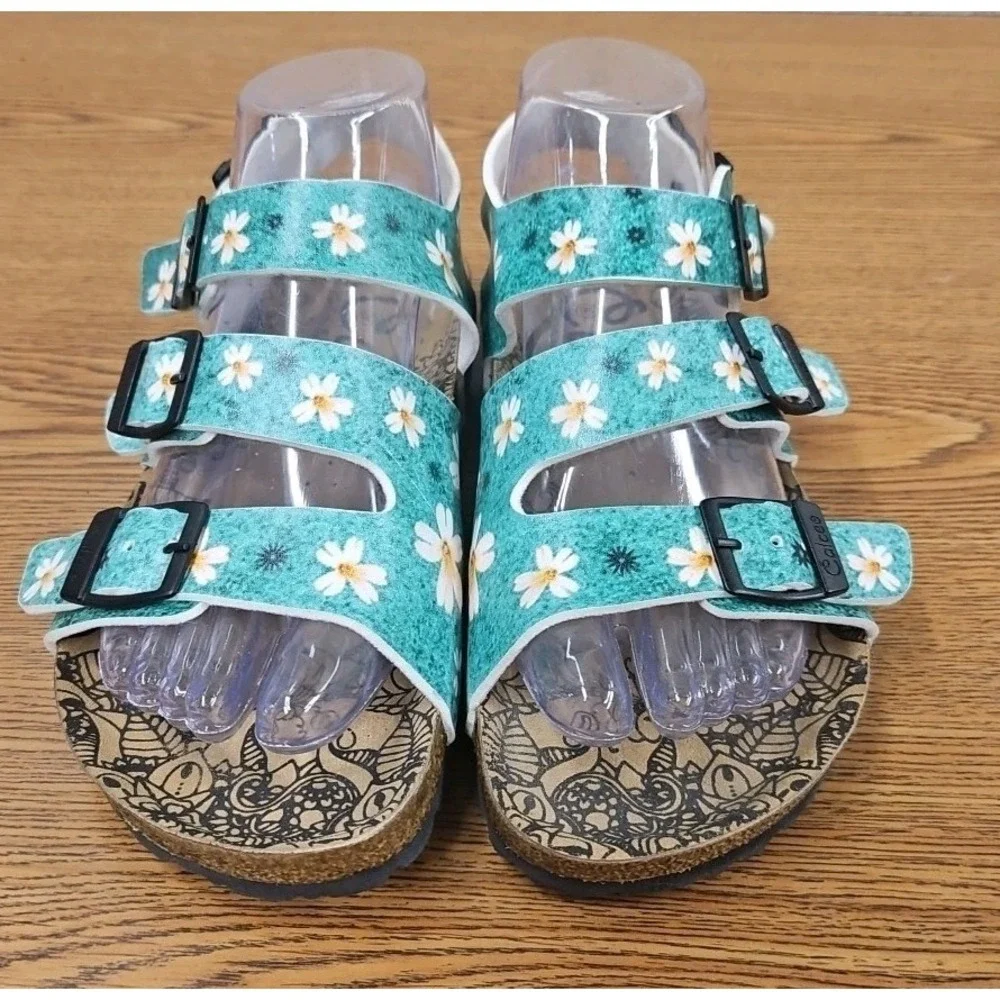 Calceo Women's Buckle Sandals Sz 5.5/6  Euro 36 Green Floral Comfort Shoes Ocean